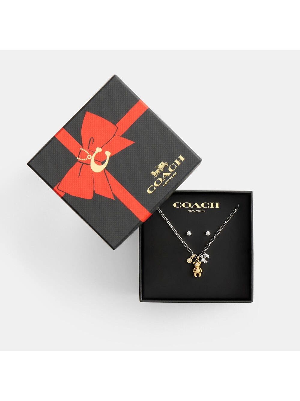 COACH Teddy Bear And Bow Earrings And Necklace Set IN GIFTBOX NWT